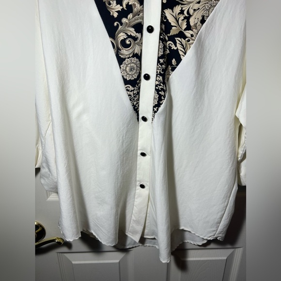 My Kinda Gal Vintage Cream Blouse Black Paisley Shoulder Pads Made in USA L - Picture 3 of 15